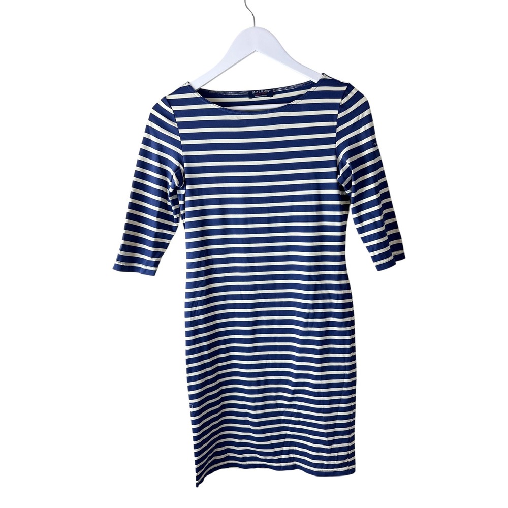 Saint James Womens Navy Blue White Striped Boat Neck 3/4 Sleeve Dress France